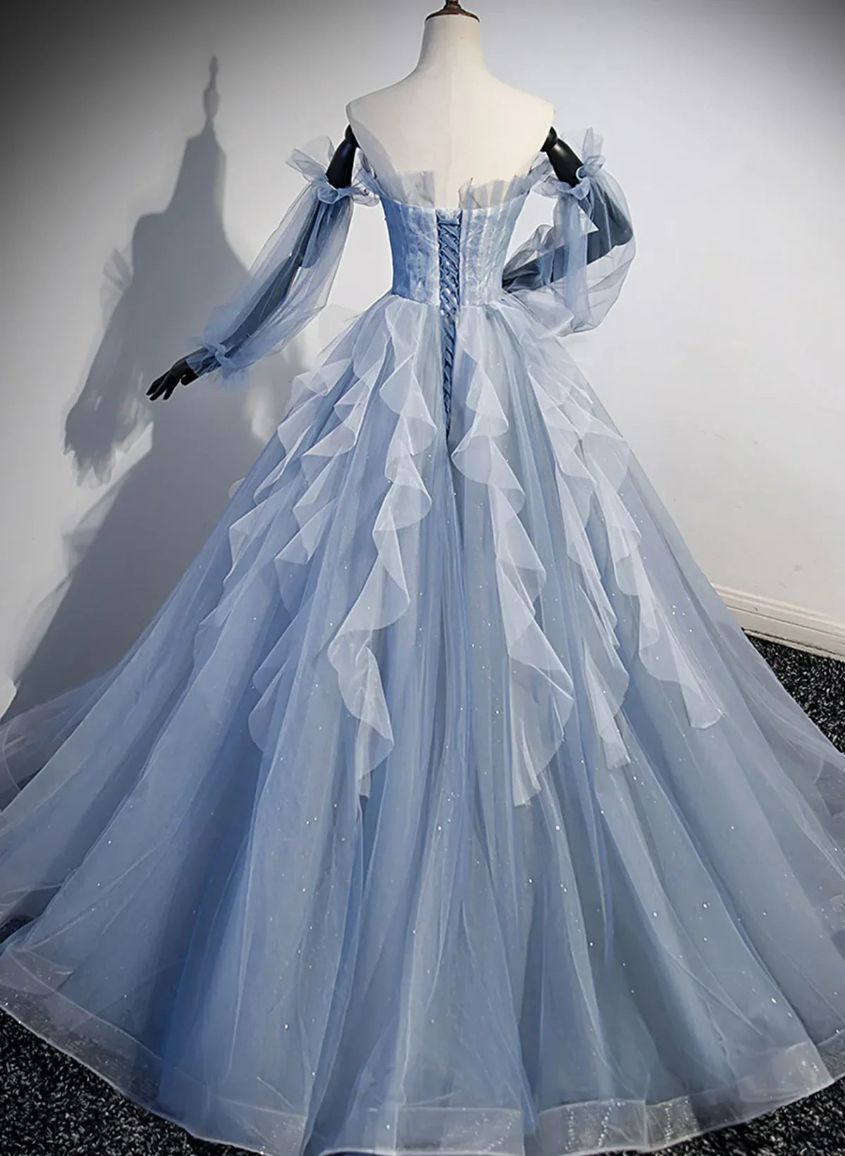 Vestido de fiesta azul de manga larga con cuentas, vestido de fiesta azul para quinceañeras TP1134