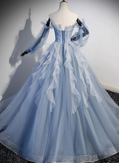 Vestido de fiesta azul de manga larga con cuentas, vestido de fiesta azul para quinceañeras TP1134