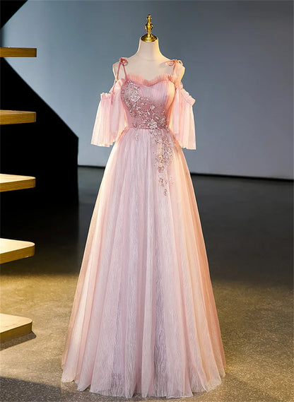 Vestido de fiesta rosa de tul con hombros descubiertos y cuentas, corte A, vestido de fiesta largo rosa de tul TP1135