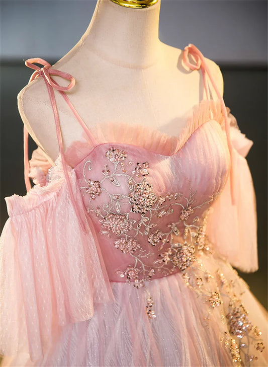 Vestido de fiesta rosa de tul con hombros descubiertos y cuentas, corte A, vestido de fiesta largo rosa de tul TP1135