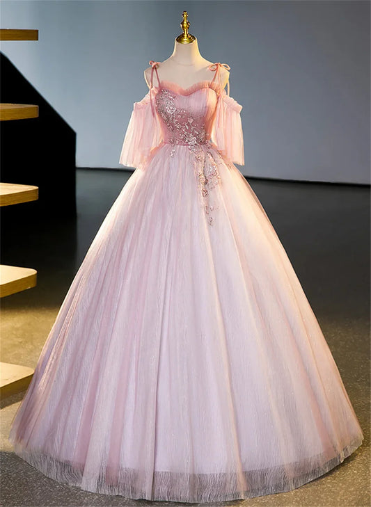 Vestido de fiesta rosa de tul con hombros descubiertos y cuentas, corte A, vestido de fiesta largo rosa de tul TP1135