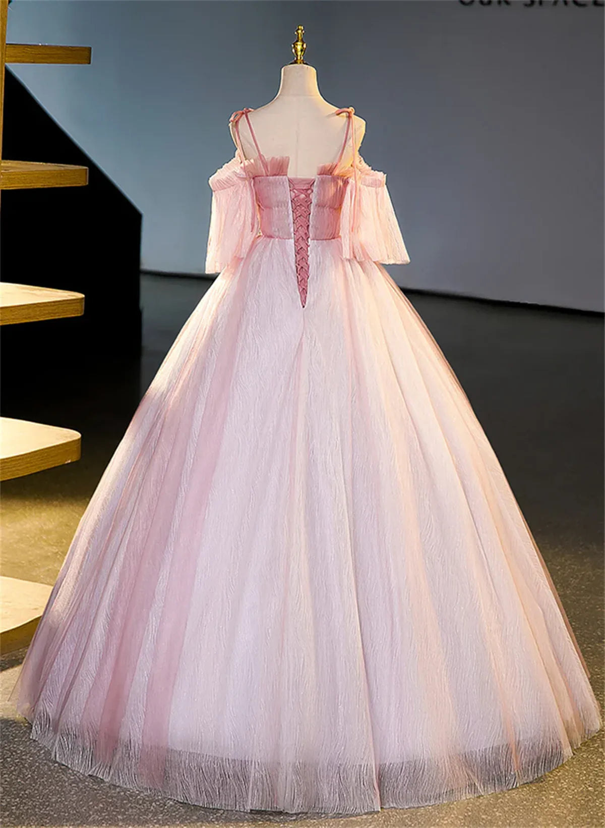 Vestido de fiesta rosa de tul con hombros descubiertos y cuentas, corte A, vestido de fiesta largo rosa de tul TP1135