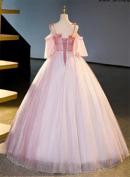 Vestido de fiesta rosa de tul con hombros descubiertos y cuentas, corte A, vestido de fiesta largo rosa de tul TP1135