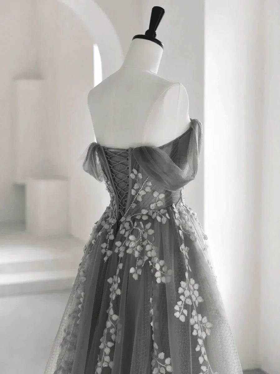 Grey Sweetheart Off Shoulder Tulle Long Party Dress, A-line Grey Prom Dress Evening Dress TP1140