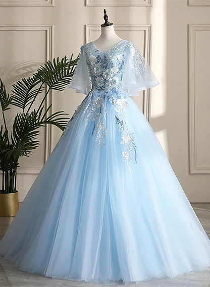 Vestido de fiesta azul claro con escote en V y mangas abullonadas, escote corazón azul claro, talla 16, TP1141