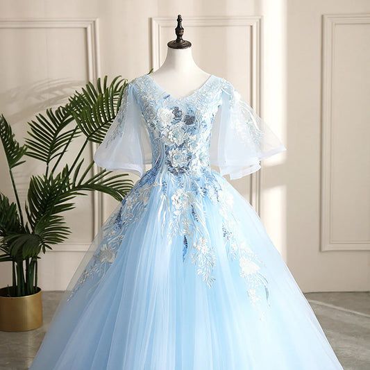 Vestido de fiesta azul claro con escote en V y mangas abullonadas, escote corazón azul claro, talla 16, TP1141