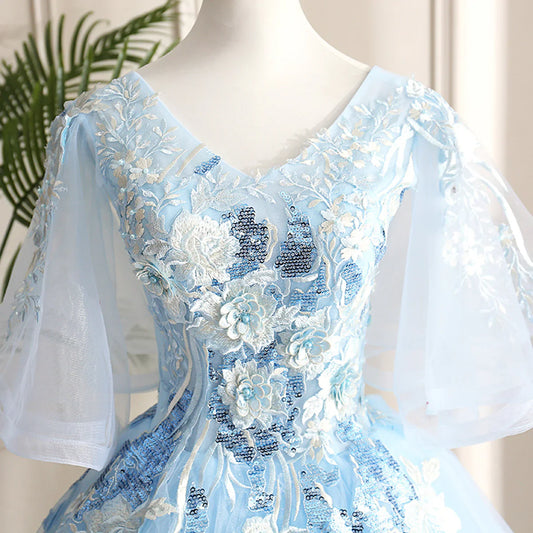 Vestido de fiesta azul claro con escote en V y mangas abullonadas, escote corazón azul claro, talla 16, TP1141