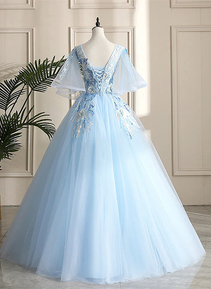 Vestido de fiesta azul claro con escote en V y mangas abullonadas, escote corazón azul claro, talla 16, TP1141
