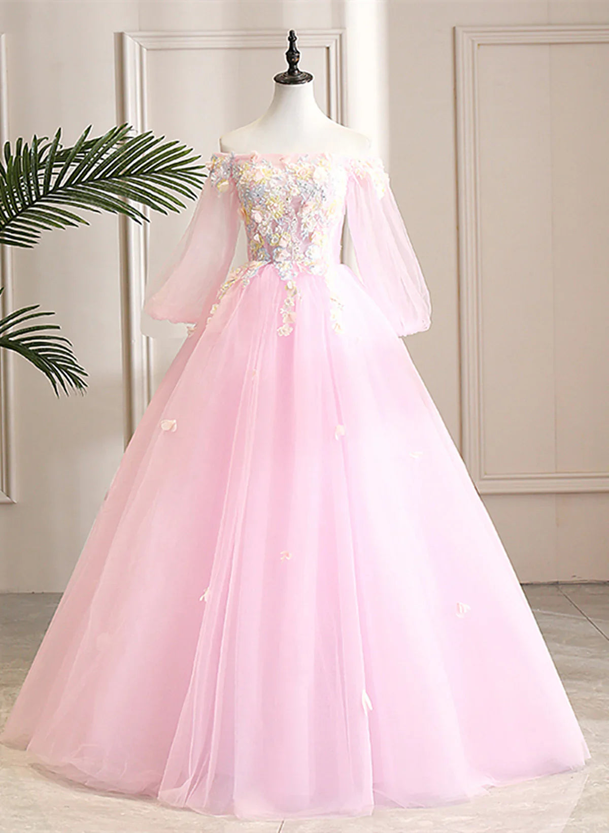 Vestido formal de tul rosa con hombros descubiertos, vestido de fiesta con flores rosas para quinceañeras TP1143