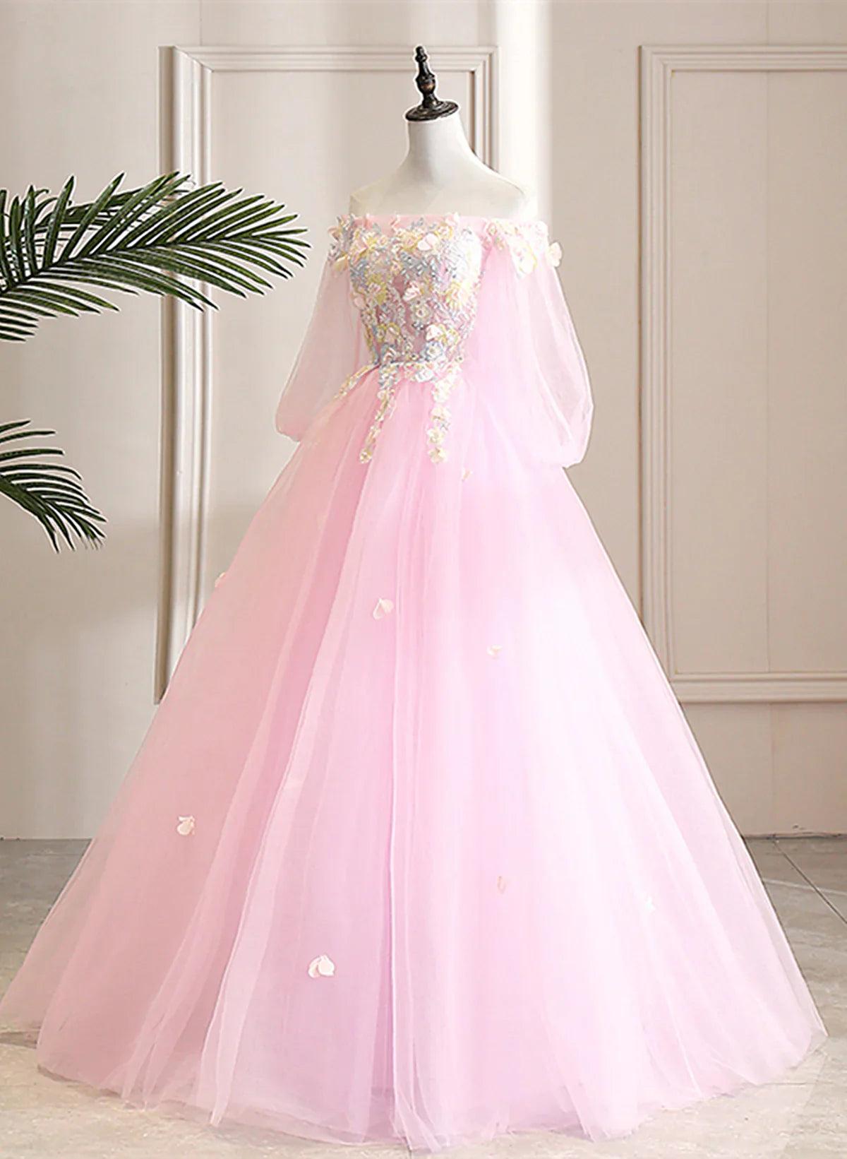 Vestido formal de tul rosa con hombros descubiertos, vestido de fiesta con flores rosas para quinceañeras TP1143