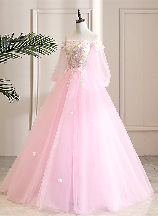 Vestido formal de tul rosa con hombros descubiertos, vestido de fiesta con flores rosas para quinceañeras TP1143