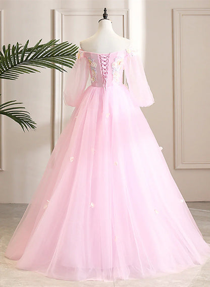 Vestido formal de tul rosa con hombros descubiertos, vestido de fiesta con flores rosas para quinceañeras TP1143