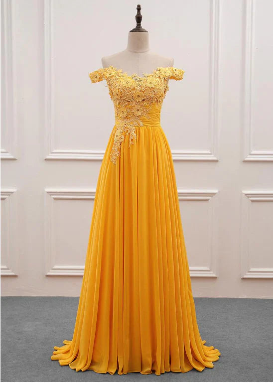Lovely Yellow Chffion Off Shoulder Tulle with Lace Party Dress, A-line Yellow Prom Dress TP1147