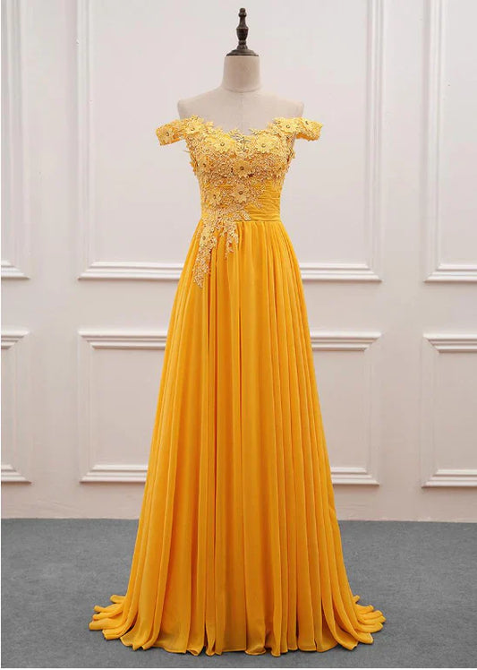 Lovely Yellow Chffion Off Shoulder Tulle with Lace Party Dress, A-line Yellow Prom Dress TP1147