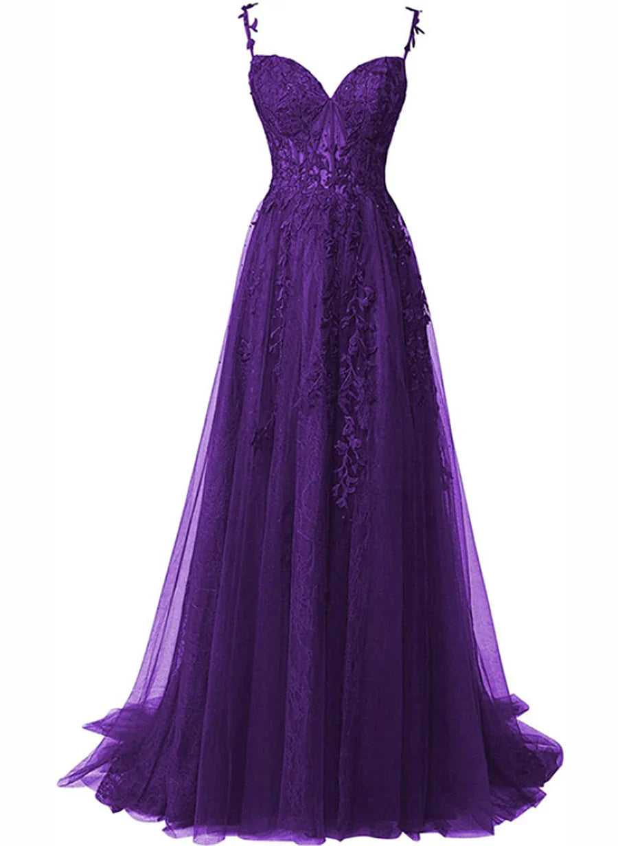 Vestido de fiesta largo de tul con escote corazón y encaje morado, corte en A, TP1148