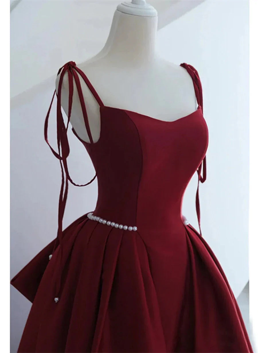 Vestido de noche largo con tirantes de satén rojo vino, vestido de fiesta largo rojo vino TP1149