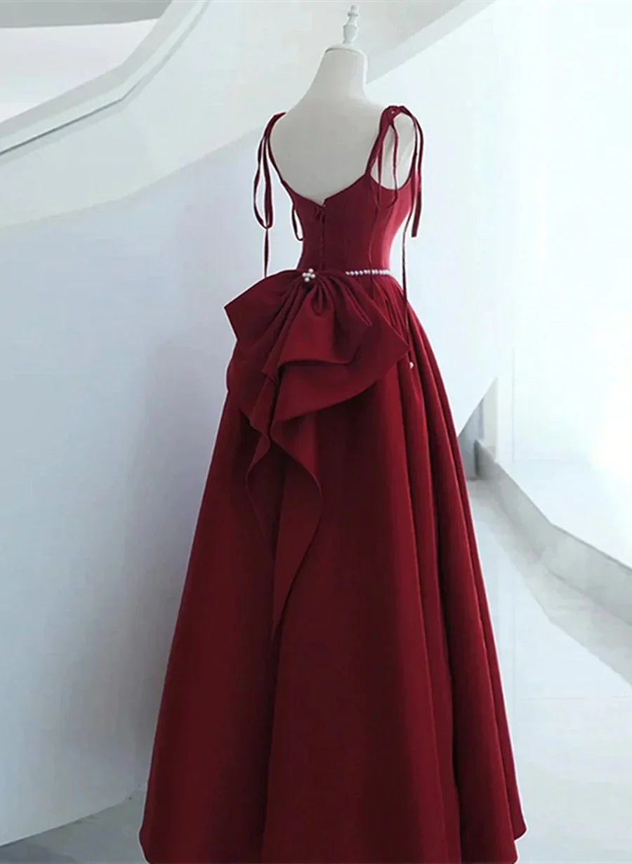 Vestido de noche largo con tirantes de satén rojo vino, vestido de fiesta largo rojo vino TP1149