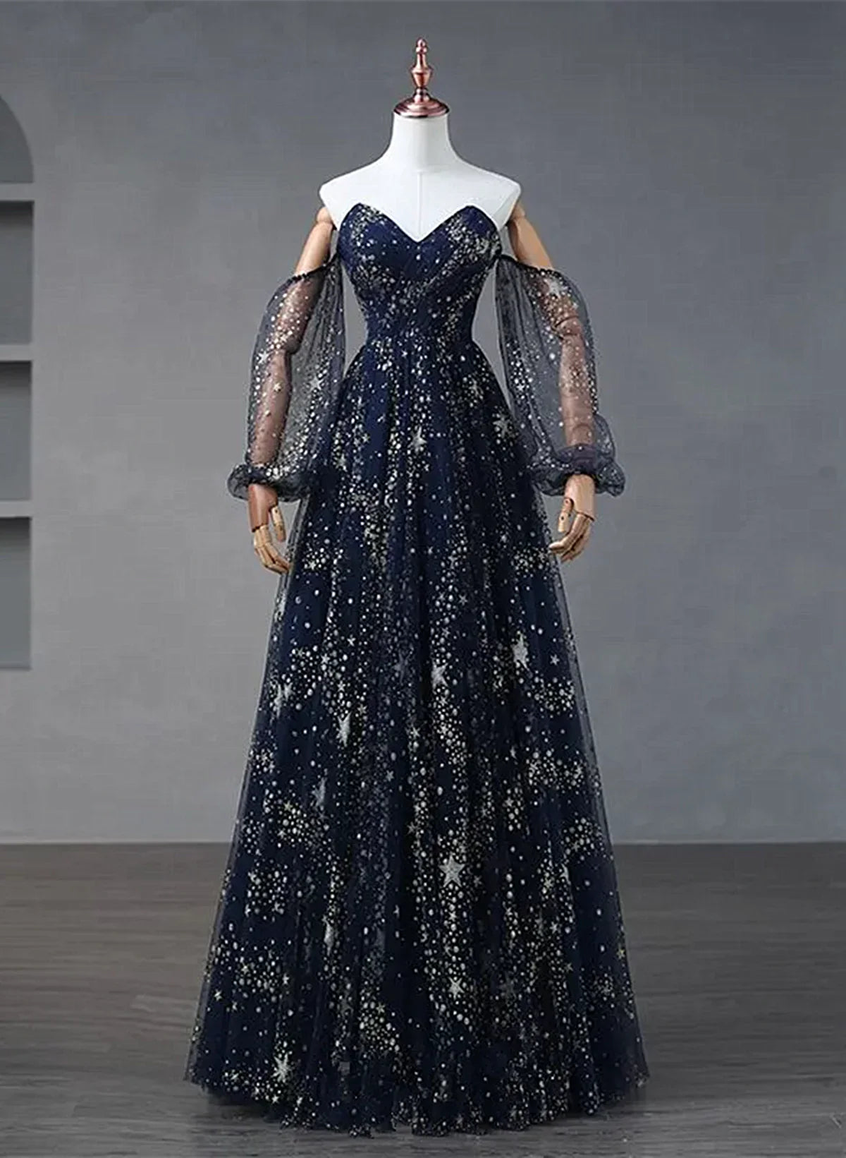 Vestido de fiesta largo de tul azul marino, corte A, vestido de noche, vestido de fiesta largo azul marino TP1150