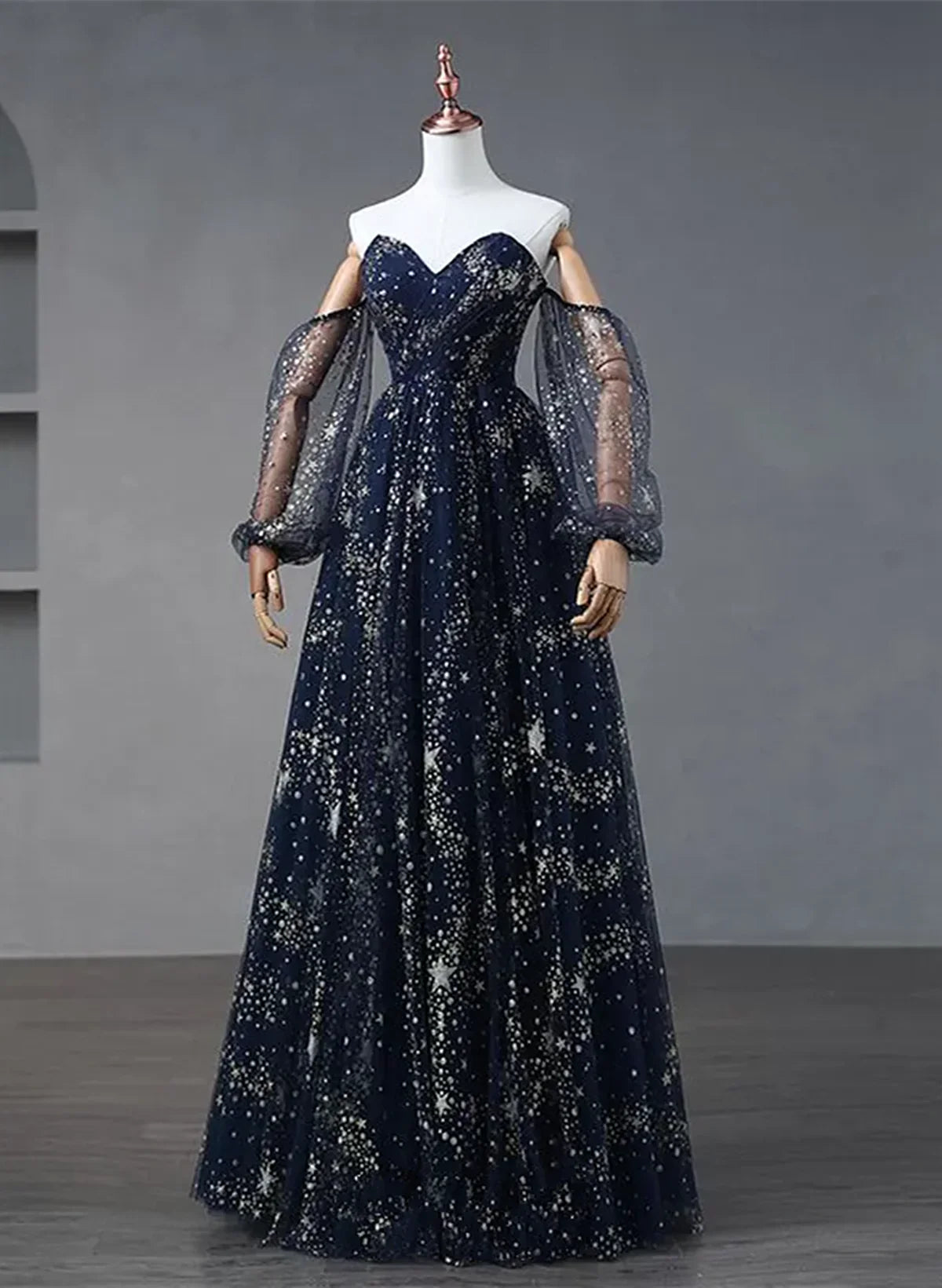 Vestido de fiesta largo de tul azul marino, corte A, vestido de noche, vestido de fiesta largo azul marino TP1150