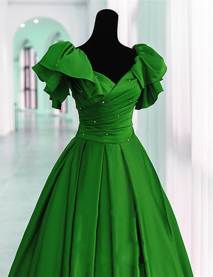 Vestido de fiesta largo de satén verde, vestido de fiesta verde de corte A, vestido de noche TP1158