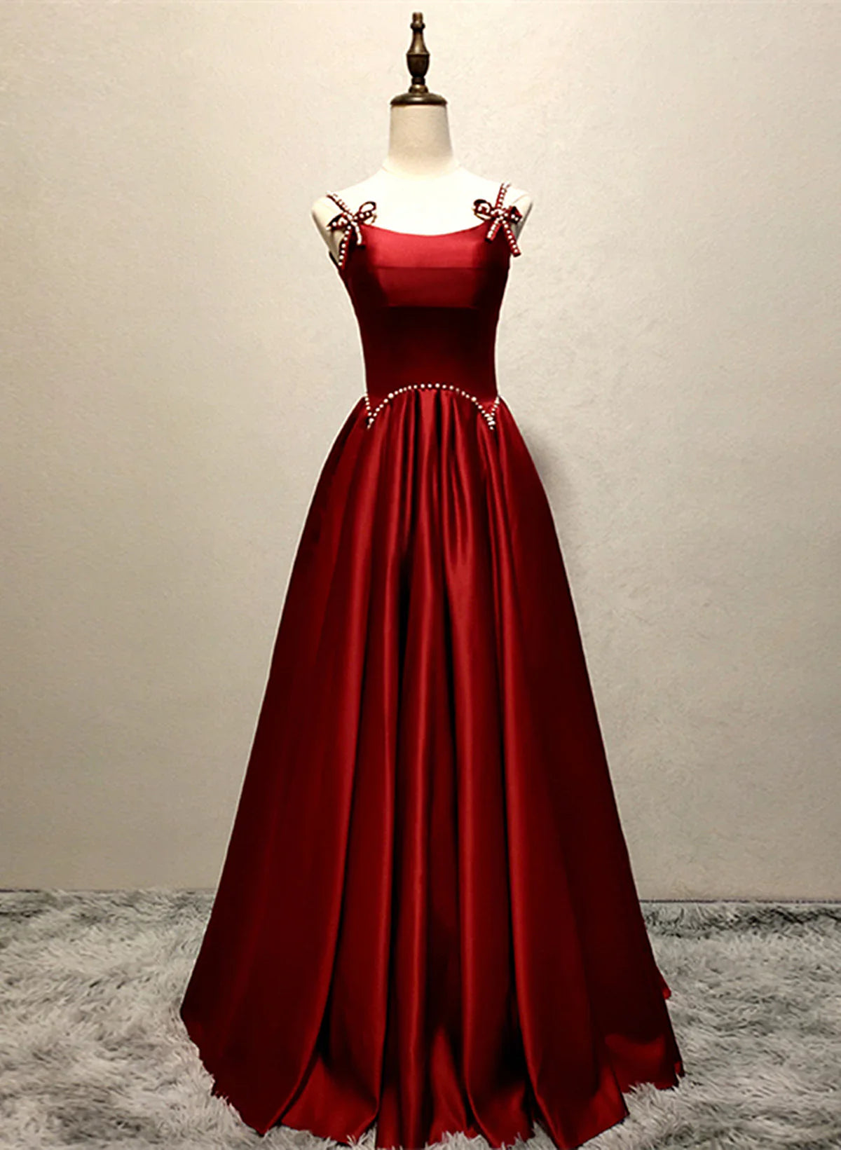 Vestido largo de fiesta de satén con tirantes color vino, vestido de fiesta largo de corte A color vino TP1160