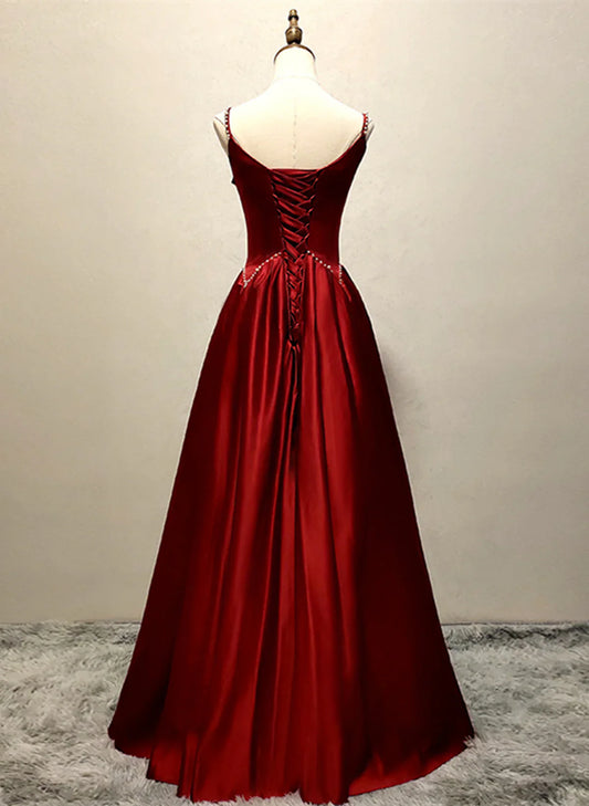 Vestido largo de fiesta de satén con tirantes color vino, vestido de fiesta largo de corte A color vino TP1160