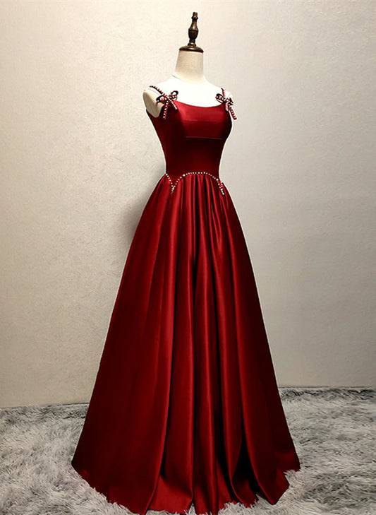Vestido largo de fiesta de satén con tirantes color vino, vestido de fiesta largo de corte A color vino TP1160