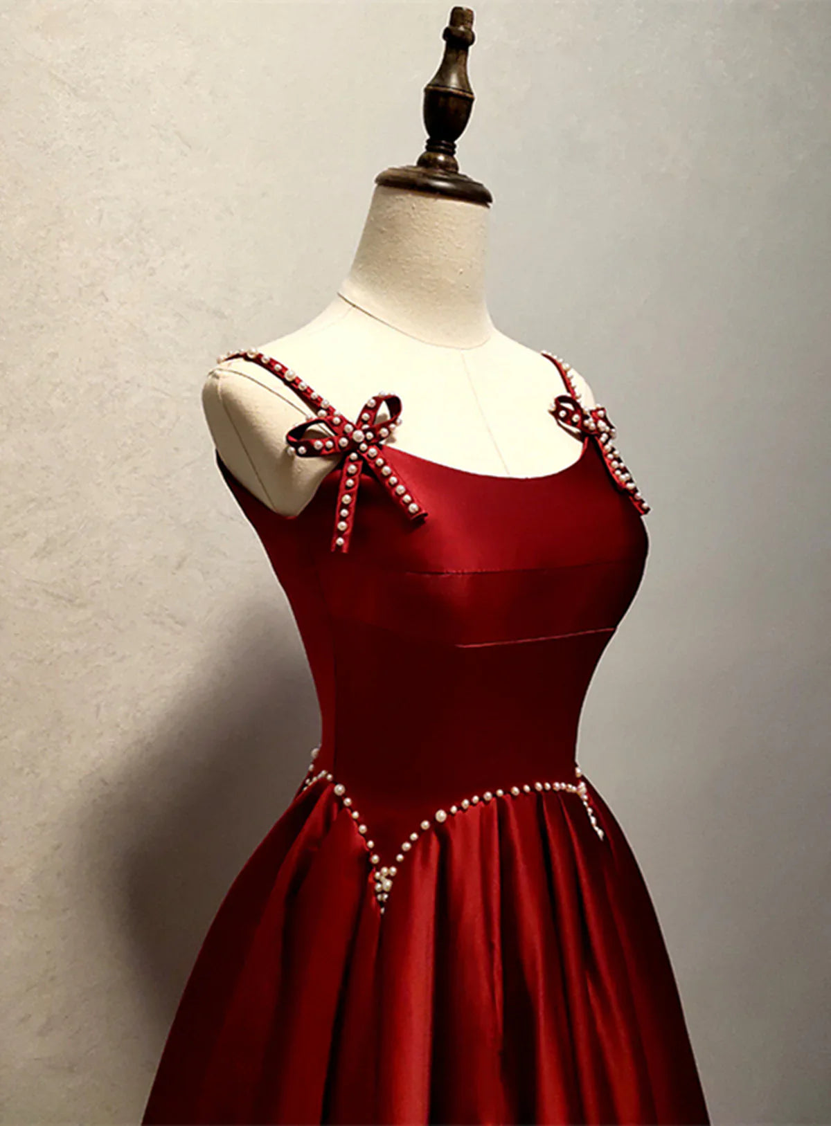 Vestido largo de fiesta de satén con tirantes color vino, vestido de fiesta largo de corte A color vino TP1160