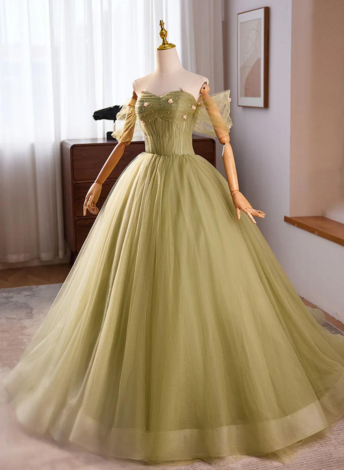 Precioso vestido de noche verde con escote en forma de corazón, vestido de fiesta verde para quinceañeras TP1161