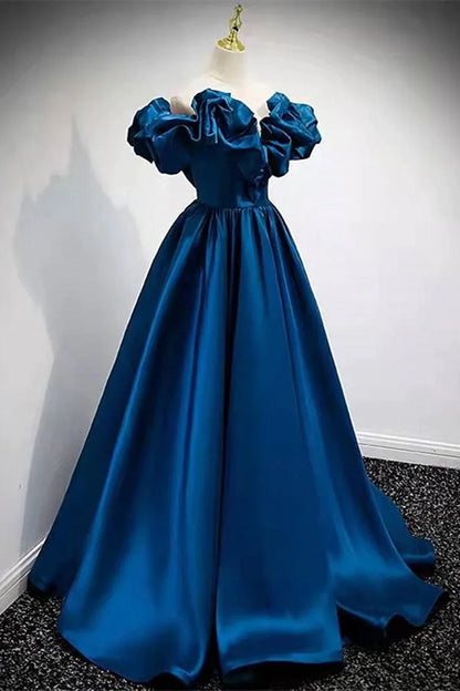 Vestido de fiesta azul de satén largo con hombros descubiertos y corte A, vestido de noche azul con escote corazón TP1163