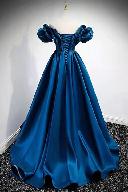 Vestido de fiesta azul de satén largo con hombros descubiertos y corte A, vestido de noche azul con escote corazón TP1163