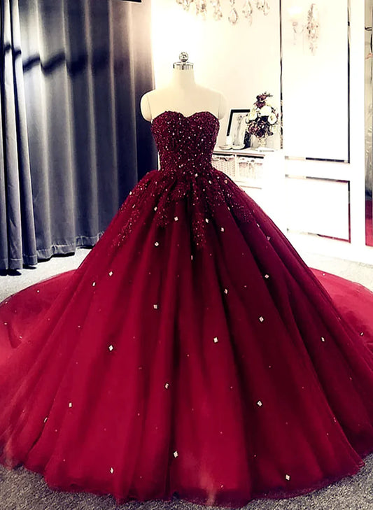 Vestido de fiesta burdeos con escote en forma de corazón y cuentas, vestido de quinceañera burdeos TP1168