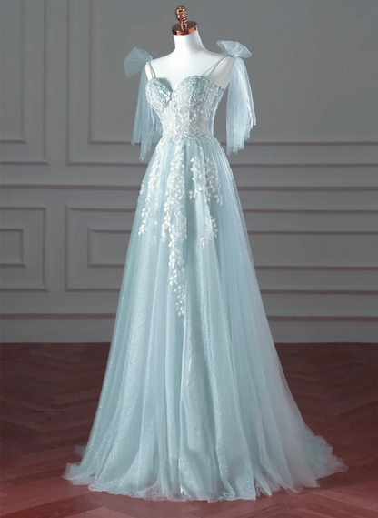 Hermoso vestido de fiesta largo de tul azul menta con encaje, corte A, vestido de fiesta azul menta, vestido formal TP1170