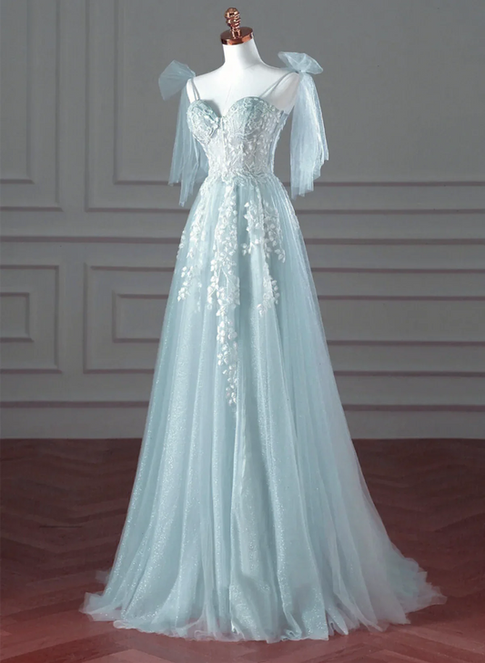 Hermoso vestido de fiesta largo de tul azul menta con encaje, corte A, vestido de fiesta azul menta, vestido formal TP1170