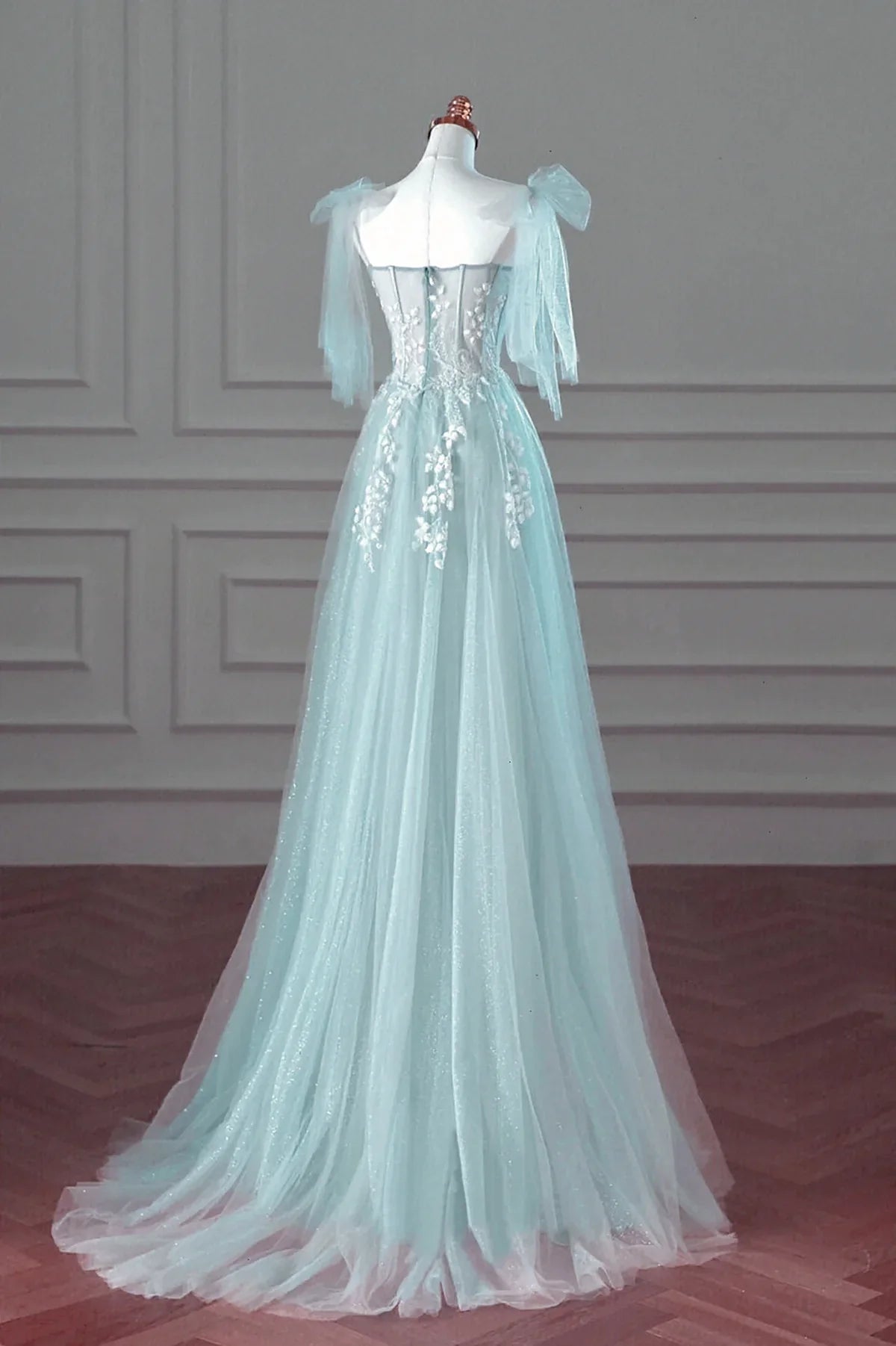 Hermoso vestido de fiesta largo de tul azul menta con encaje, corte A, vestido de fiesta azul menta, vestido formal TP1170