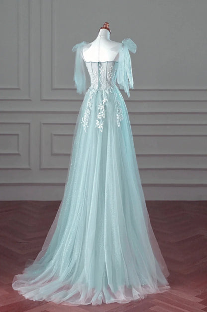 Hermoso vestido de fiesta largo de tul azul menta con encaje, corte A, vestido de fiesta azul menta, vestido formal TP1170