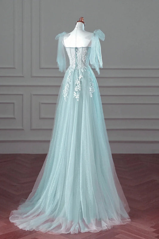 Hermoso vestido de fiesta largo de tul azul menta con encaje, corte A, vestido de fiesta azul menta, vestido formal TP1170