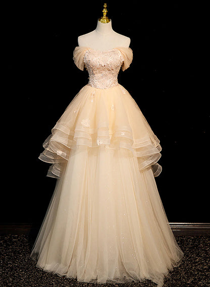 Vestido de fiesta largo de tul con capas y encaje, corte A, color champán, TP1173