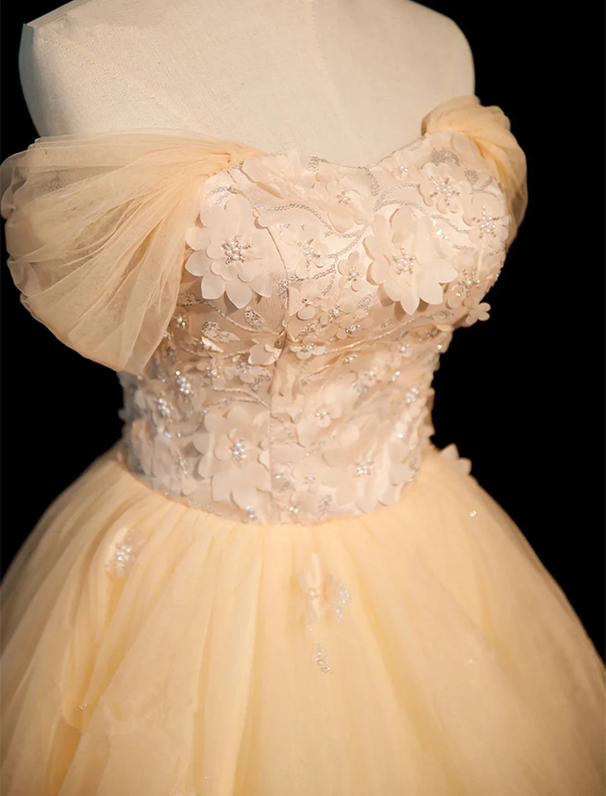 Vestido de fiesta largo de tul con capas y encaje, corte A, color champán, TP1173