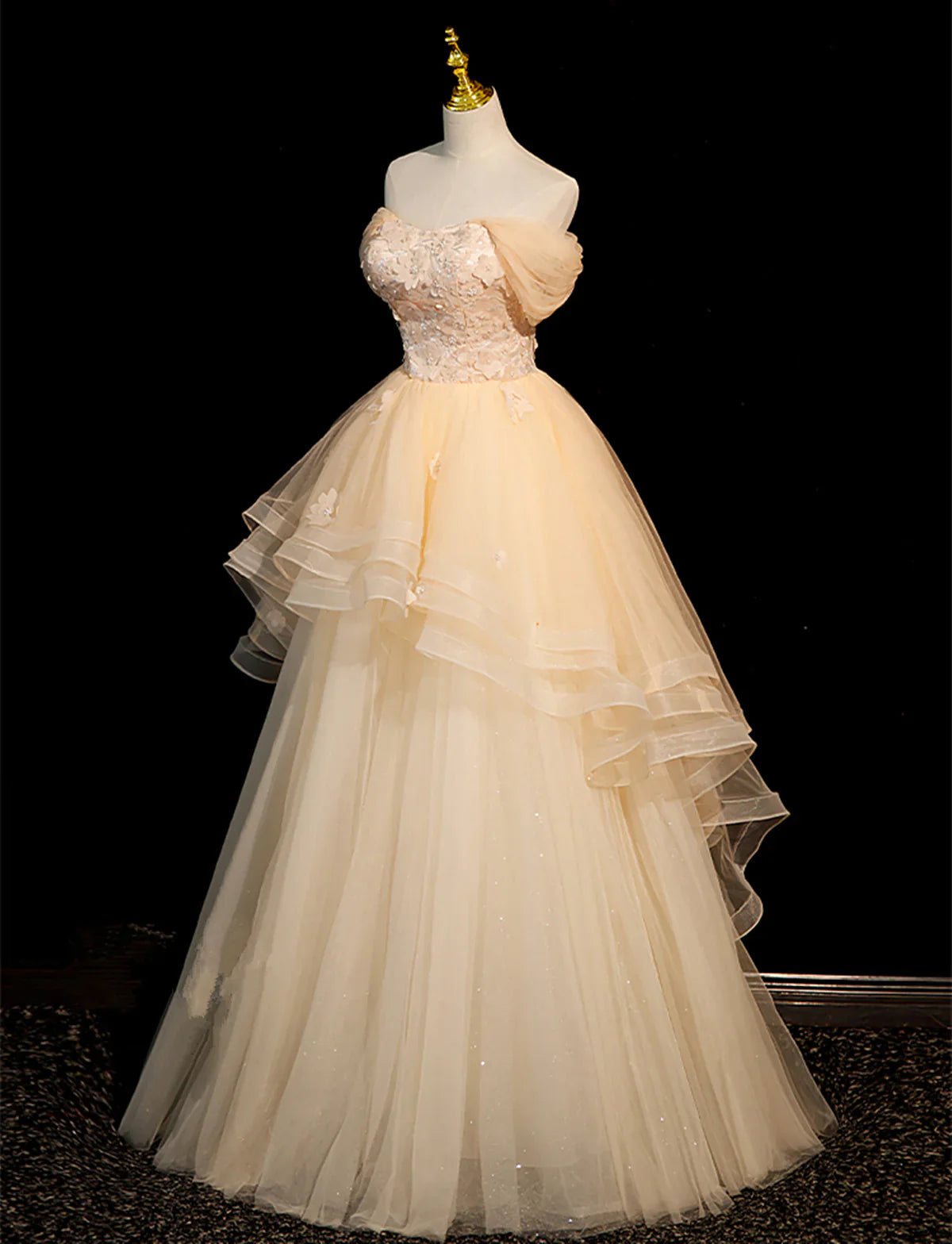 Vestido de fiesta largo de tul con capas y encaje, corte A, color champán, TP1173