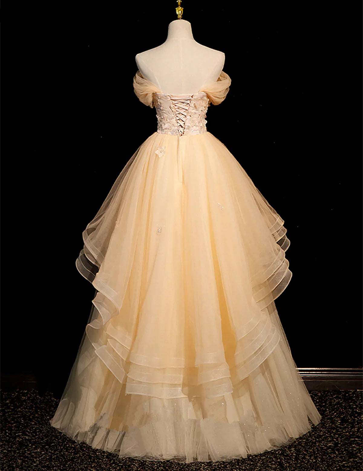Vestido de fiesta largo de tul con capas y encaje, corte A, color champán, TP1173