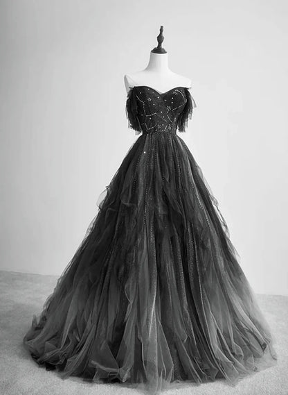 Black Tulle Off Shoulder Tulle Beaded Long Party Dress, Black Tulle Evening Dress Prom Dress TP1174
