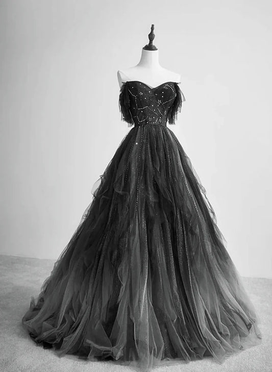 Black Tulle Off Shoulder Tulle Beaded Long Party Dress, Black Tulle Evening Dress Prom Dress TP1174