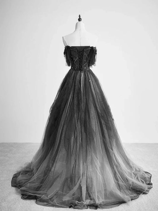 Black Tulle Off Shoulder Tulle Beaded Long Party Dress, Black Tulle Evening Dress Prom Dress TP1174