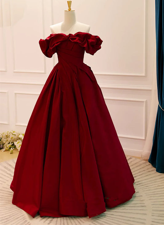 Vestido de fiesta largo elegante de satén rojo vino con hombros descubiertos, vestido de fiesta de escote corazón rojo vino TP1177