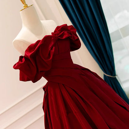 Vestido de fiesta largo elegante de satén rojo vino con hombros descubiertos, vestido de fiesta de escote corazón rojo vino TP1177