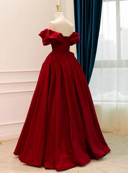 Vestido de fiesta largo elegante de satén rojo vino con hombros descubiertos, vestido de fiesta de escote corazón rojo vino TP1177