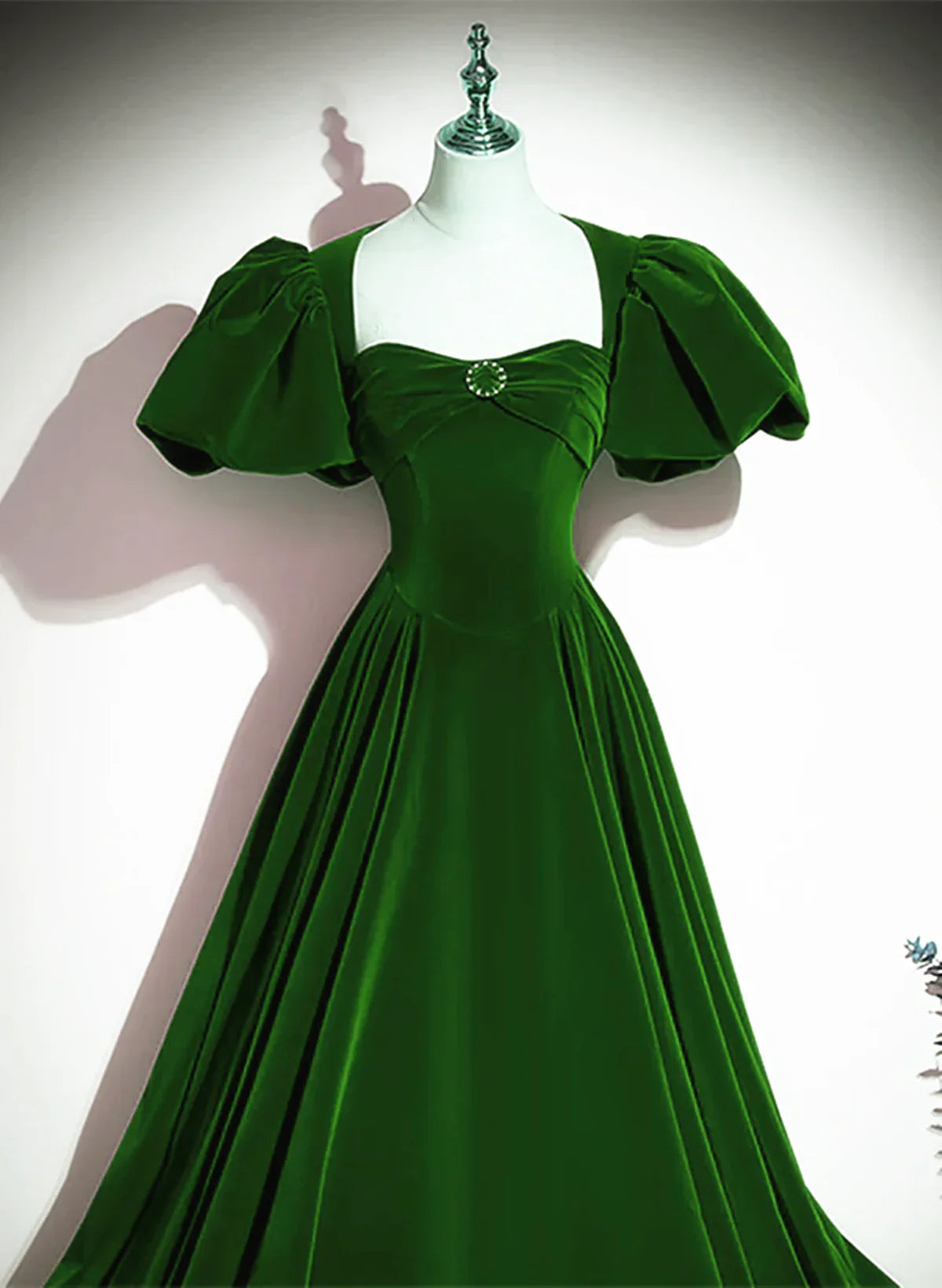 Green A-line Velvet Backless Long Party Dress, Green Short Sleeves Formal Dress Prom Dress TP1180