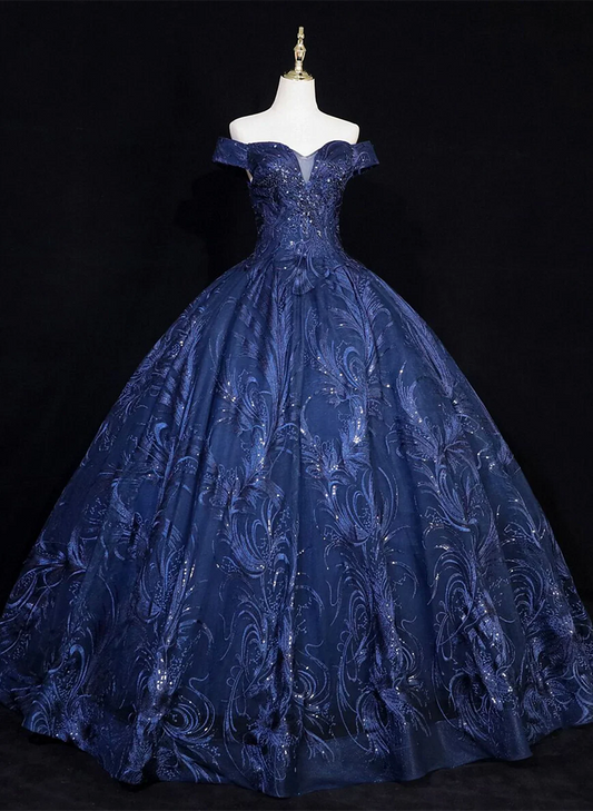 Precioso vestido de fiesta de tul floral azul marino para quinceañeras, vestido formal largo azul marino con hombros descubiertos TP1181