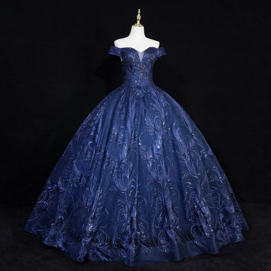 Precioso vestido de fiesta de tul floral azul marino para quinceañeras, vestido formal largo azul marino con hombros descubiertos TP1181